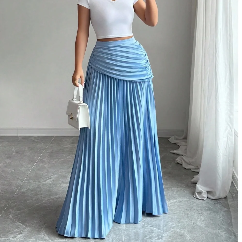 Classic Baby Blue Stretchy Waist Pleated Maxi Skirt - Picture 1 of 5